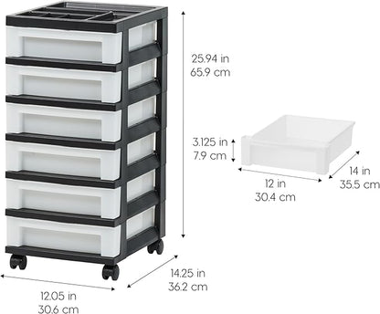 IRIS USA Craft Plastic Organizers and Storage, Rolling Storage Cart for Classroom Supplies, Storage Organizer for Art Supplies, Drawer Top Organizer for Small Parts, 6 Drawer, Black/Pearl