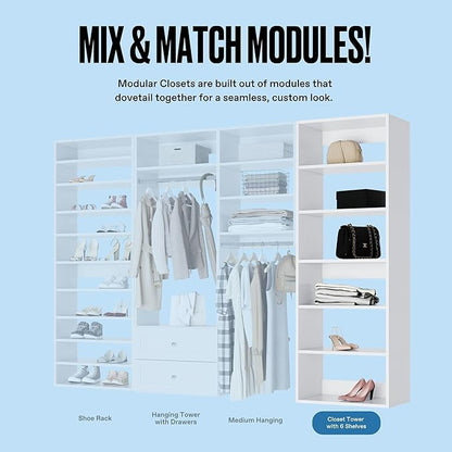 Modular Closets Vista Collection Shelf Tower Built in Wood Closet Organizer Unit (White, 25.5" Wide)