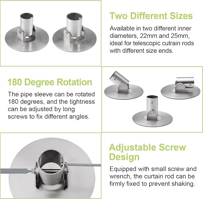 Shower Curtain Rod Bracket, 2Pcs Different Sizes Titanium Steel Shower Curtain Rod Single Swivel Flange Curtain Rod Wall-Mount Bracket with Screws (Silver, Inner Dia. 22mm & 26mm)