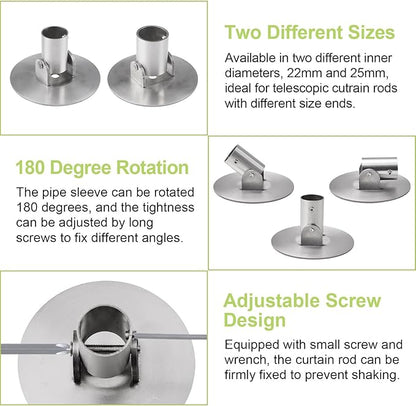 Shower Curtain Rod Bracket, 2Pcs Different Sizes Titanium Steel Shower Curtain Rod Single Swivel Flange Curtain Rod Wall-Mount Bracket with Screws (Silver, Inner Dia. 22mm & 26mm)