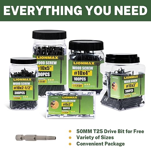LIONMAX Deck Screws 2-1/2 Inch, Wood Screws #10 x 2-1/2", 100 PCS, Rust Resistant, Exterior Epoxy Coated, Outdoor Decking Screws, Torx/Star Drive Head Screw, T25 Star Bit Included, Black