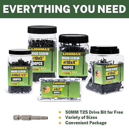 LIONMAX Deck Screws 3-1/2 Inch, Wood Screws #10 x 3-1/2", 50 PCS, Rust Resistant, Exterior Epoxy Coated, Outdoor Decking Screws, Torx/Star Drive Head Screw, T25 Star Bit Included, Black