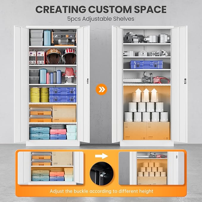 Metal Garage Storage Cabinets with Lock, 71" Tall Tool Cabinet with 2 Door and 5 Adjustable Shelves, Locking Garage Cabinets and Lockable Steel Locker for Home Office Warehouse - (White-71”H)
