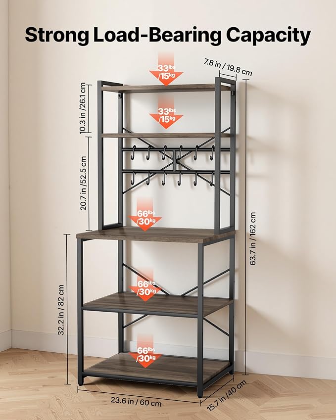 VEVOR Bakers Rack, 23.6 inch Width Microwave Stand,Kitchen Stand with X-Shaped Support Bar & 12 S-Shaped Hooks,Kitchen Storage Shelf for Dish Storage, Spice Jars, Coffee Bar Organization