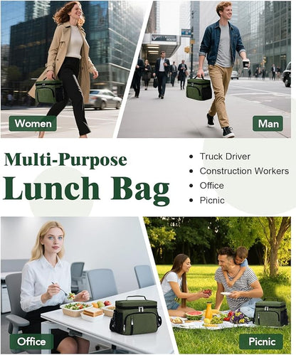 Insulated Lunch Bag for Men & Women, 9L Leakproof Lunch Box Soft Cooler Tote with 5 Pockets, 600D Oxford, EVA Lining, Adjustable Strap for Work, Picnic, Beach&Travel-Green