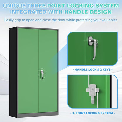 Bonusall Mental Garage Cabinets with 2 Doors and 4 Shelves, Locking Cabinet with for Tool，Steel Garage Storage Cabinets for Home Office, Warehouse，School(Black Green)