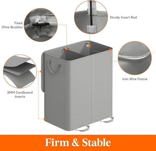 Lifewit Double Laundry Hamper with Lid and Removable Laundry Bags, Large Collapsible 2 Dividers Dirty Clothes Basket with Handles for Bedroom Laundry Room Closet Bathroom College, 155L Silver Gray