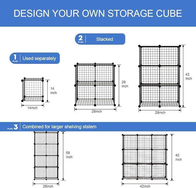 KOUSI 14"x14" Wire Cube Storage, Metal Grid Organizer, 9-Cube Modular Shelving Unit, Stackable Bookcase, Ideal for Living Room, Bedroom, Office, Garage