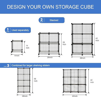 KOUSI 14"x14" Wire Cube Storage, Metal Grid Organizer, 9-Cube Modular Shelving Unit, Stackable Bookcase, Ideal for Living Room, Bedroom, Office, Garage
