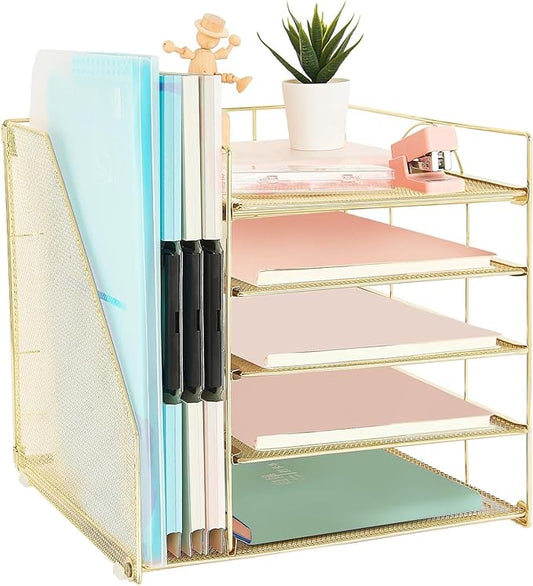 Desk Organizers and Accessories, 5-Tier Paper Letter Tray Organizer with File Holder, Desktop Organizer for Office Supplies (Gold)