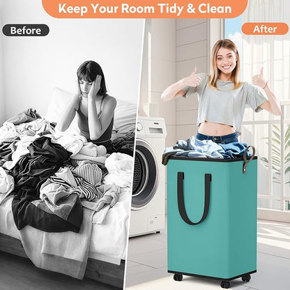 Laundry Basket with Wheels, Collapsible Laundry Baskets, Laundry Hamper with Handles Detachable Wheels, Rolling Laundry Basket, Dirty Clothes Hamper for Bathroom, Dorm, Bedroom, Green, 80L