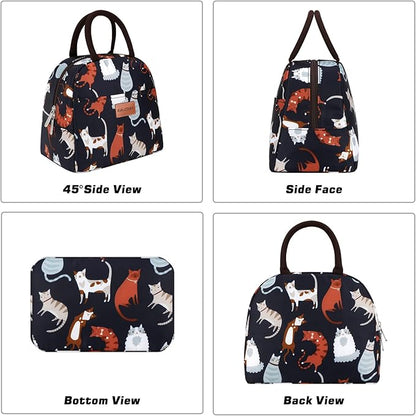 BALORAY Lunch Bag for Women Men Cute Reusable Insulated Lunch Box Large Capacity Lunch Tote Bag for Work, Picnic or Travel(Dark Blue With Cat)