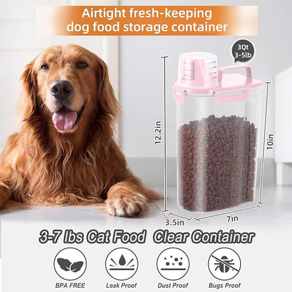 3-5Lbs Airtight Small Cat Dog Pet Food Storage Containers BPA Free, with Large Pour Spout/1 Measuring Cup/ 4 Safety Locks and Double-layer Silicone Strip (Pink 2Pack)