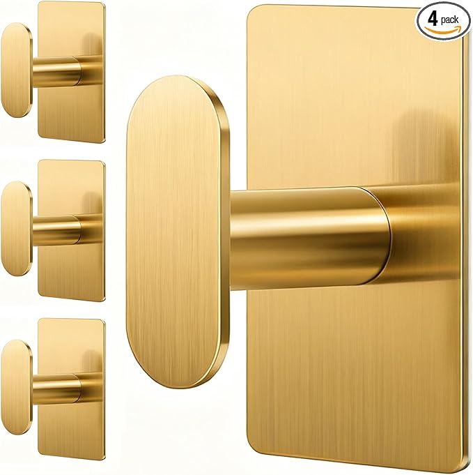 pickpiff Adhesive Towel Hooks for Bathroom: 20LB Extra Strong Wall Hanger for Shower Kitchen RV Dorm Apartment, Gold 4 Pack