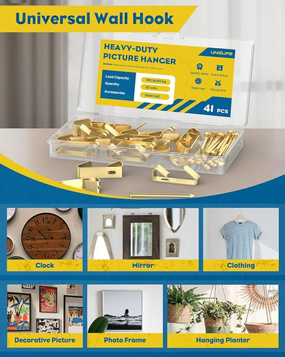 Uniclife 20 Pcs 100 lb Heavy Duty Picture Hangers for Drywall & Wood, Picture Hanging Hooks with Nails, Picture Hanging Hardware, Frame Hooks Picture Hooks for Hanging Photos Mirrors Paintings