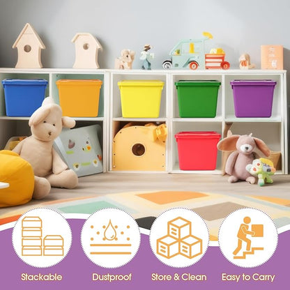 6 Pack Cute Plastic Storage Bins with Lids Decorative Stackable Storage Boxes 9.8" ×7.3" ×5.7" Small Storing Totes for Organizing Craft Office Supplies (Colorful)