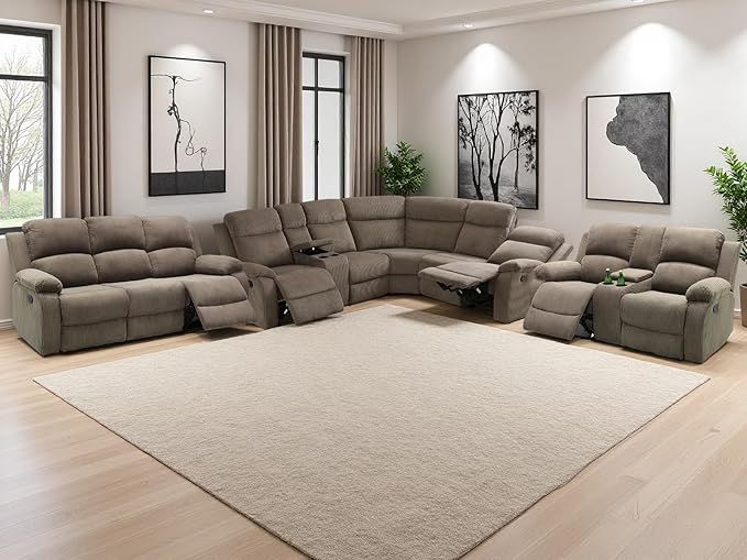 Corduroy Sectional Couch, Living Room Furniture Sets, 5PCS Brown Manual Reclining Sectional Sofa Set with Sofa Loveseat with 5 Recliner Seats, Drop-Down Table, Cup Holders, Storage Console