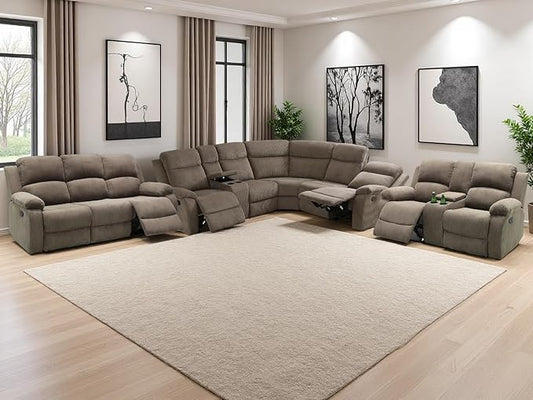 Corduroy Sectional Couch, Living Room Furniture Sets, 5PCS Brown Manual Reclining Sectional Sofa Set with Sofa Loveseat with 5 Recliner Seats, Drop-Down Table, Cup Holders, Storage Console