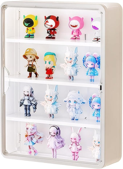 HGYZE Clear Display Case for Figures, 15.75" High, Wall Mounted Shelf with Magnetic Door, Hanging Display Case for Collectibles Action Doll Blindboxes Storage (White, 4-Layer 1 Pack)