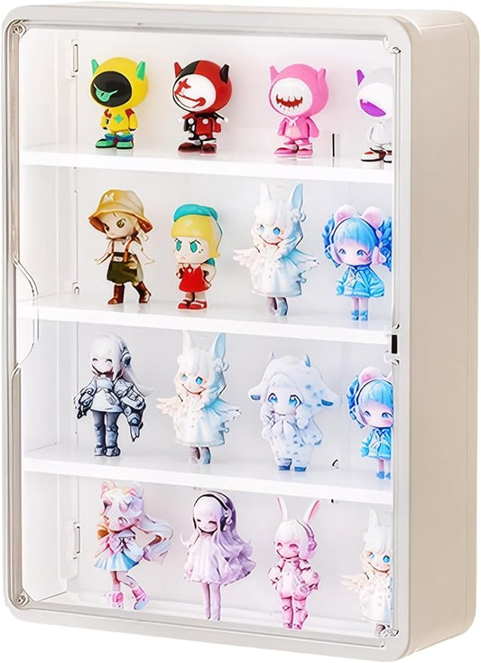 HGYZE Clear Display Case for Figures, 15.75" High, Wall Mounted Shelf with Magnetic Door, Hanging Display Case for Collectibles Action Doll Blindboxes Storage (White, 4-Layer 1 Pack)