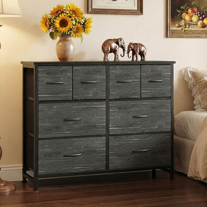 DUMOS TV Stand, Dresser with 8 Fabric Drawers, Spacious Storage Tower for Closet, TV Stand with Wood Top and Mental Frame, Storage Unit for Living Rooms, Bedroom and Entryway, Wood Black