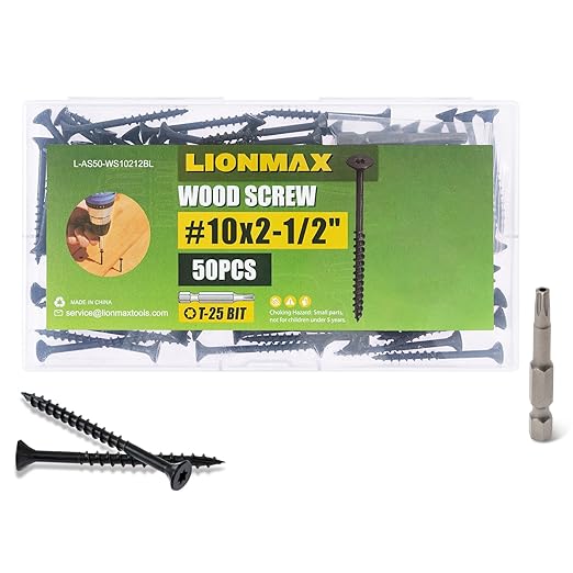 LIONMAX Deck Screws 2-1/2 Inch, Wood Screws #10 x 2-1/2", 50 PCS, Rust Resistant, Exterior Epoxy Coated, Outdoor Decking Screws, Torx/Star Drive Head Screw, T25 Star Bit Included, Black