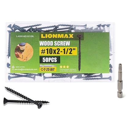 LIONMAX Deck Screws 2-1/2 Inch, Wood Screws #10 x 2-1/2", 50 PCS, Rust Resistant, Exterior Epoxy Coated, Outdoor Decking Screws, Torx/Star Drive Head Screw, T25 Star Bit Included, Black