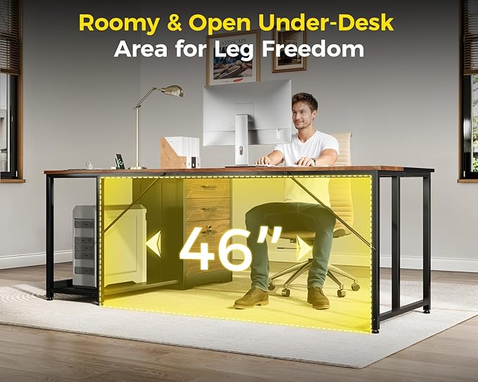 AODK 61" L Shaped Office Desk with Wood Drawers & Lockable File Cabinet, Reversible 21.7" D Corner Computer Desk with Built-in Power Outlets, Executive Desk for Home Office, Walnut