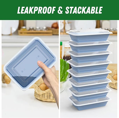50 Pack (100-Piece) 32 oz Meal Prep Containers Reusable with Easy Open Lids, Sturdy Leakproof Food Safe, Microwave Freezer Dishwasher Safe, To Go Take Out Plastic Food Storage Pans with Lids, Blue