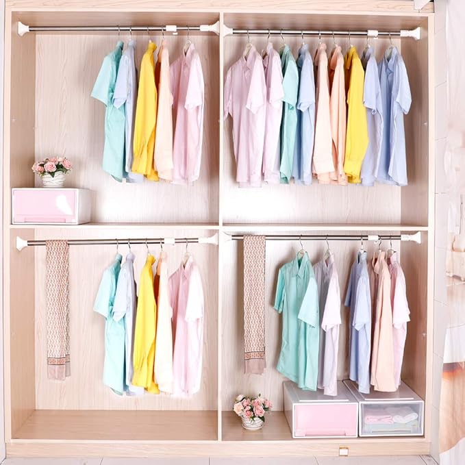 BAOYOUNI Adjustable Shower Curtain Tension Rod Square Head Decorative Straight Expandable Shower Curtain Rail Pole Bar Clothes Hanger, Ivory, 45-66.9 Inches Inches