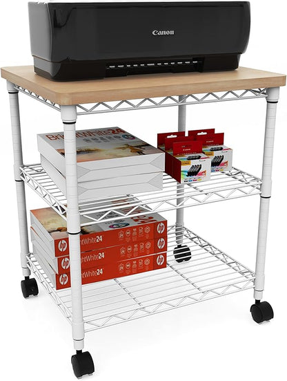 Safco Deskside Printer Stand, Printer Table for Home Office, Mobile Rolling Cart with Adjustable Shelves, White