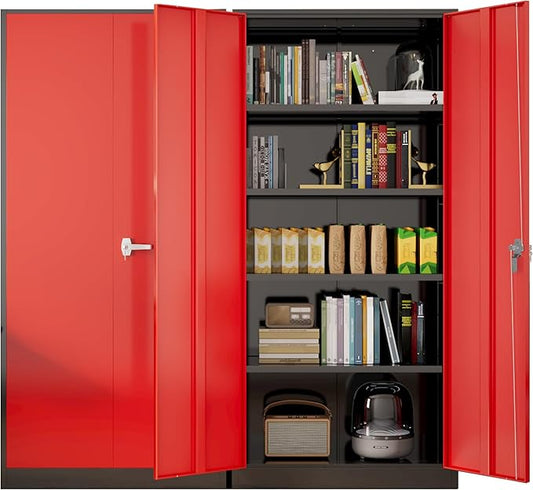 Greenvelly Metal Lockable Storage Cabinet, 72” Tall Storage Cabinet with 2 Doors and 4 Adjustable Shelves for Office, Home, Garage, Pantry (Assembly Required, 18”D, Black Red)
