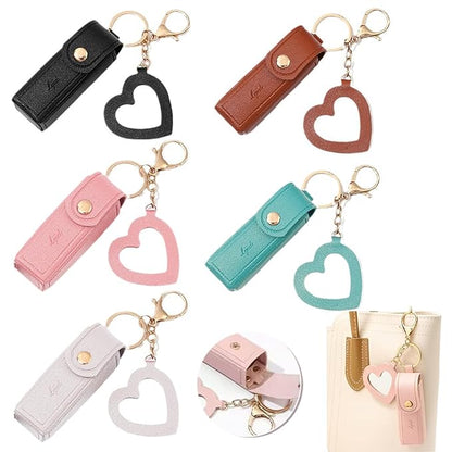 5 PCS Lipstick Holder Keychain PU Leather Potable Chapstick Holder with Mirror Soft Lip-Balm Holder Travel Storage Case Lipstick Pouch Mini for Perfume Fingernail Polish Valentine's Day Present