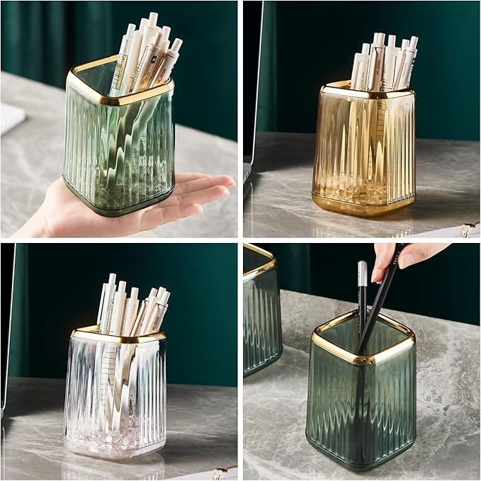DASITON Makeup Brush holder Organizer, plastic Square Cosmetic Brush Storage Holder, Vintage Stripe Make Up Brush Cup Pen Pencil Holder（Amber