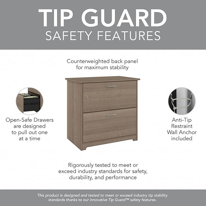 Bush Home Cabot 2 Drawer Lateral File Cabinet in Ash Gray, Home Office Chest for Letter, Legal, and A4-size Document Storage
