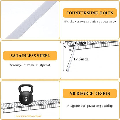 6 Pcs Support Brackets for Wire Shelving, 17 inches Closet Wire Shelf Brackets with Anchors and Pins for Installation
