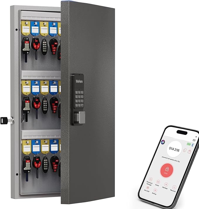 WeHere 48-Key Smart Key Lock Box Wall Mount – Commercial Key Cabinet with App, Keypad, Bluetooth & WiFi Unlock (Sold Separately), Access Log Tracking, Key Management System for School, Rental, Office