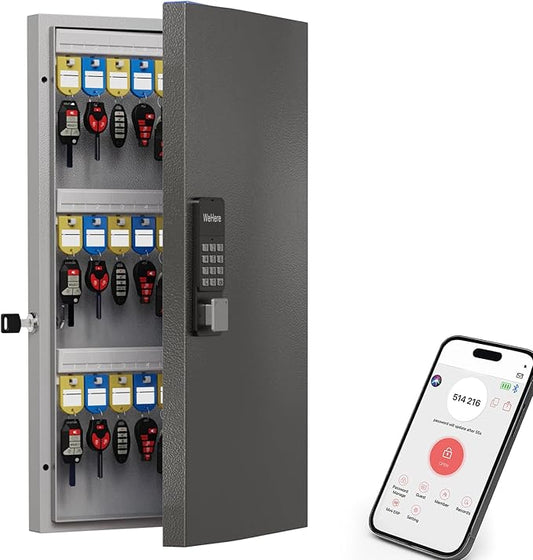 WeHere 48-Key Smart Key Lock Box Wall Mount – Commercial Key Cabinet with App, Keypad, Bluetooth & WiFi Unlock (Sold Separately), Access Log Tracking, Key Management System for School, Rental, Office