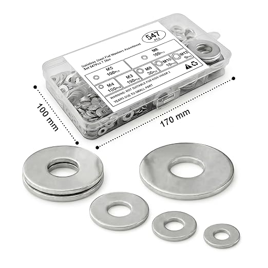 Stainless Steel Flat Washers Assortment, 18-8 (304) Stainless Steel Metric Washers, 547-Piece Set (M3, M4, M5, M6, M8, M10, M12) with Plastic Storage Case