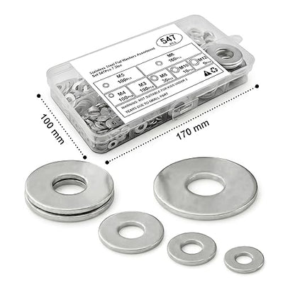 Stainless Steel Flat Washers Assortment, 18-8 (304) Stainless Steel Metric Washers, 547-Piece Set (M3, M4, M5, M6, M8, M10, M12) with Plastic Storage Case