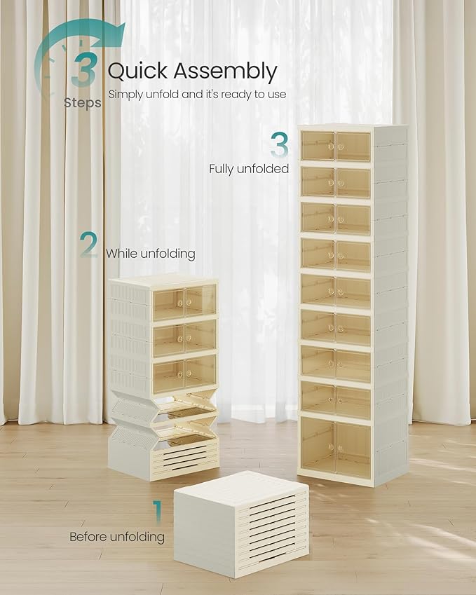 SONGMICS Foldble Shoe Storage Organizer for Closet, Stackable Sneaker Cabinet with Magnetic Door, Large Plastic Container Bins for Living Room, Entryway, 9-Tier for 18 Pairs, Cream White ULSP918WD01
