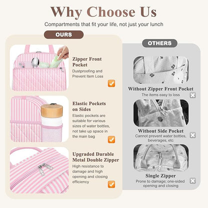 Lunch Box for Women Adult Men, Cute Insulated Lunch Bag Women Quilted Reusable Large Lunch Boxes Tote Bag Leakproof Simple Thermal Cooler Bag for Work Office Picnic
