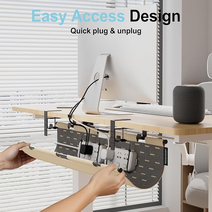 No Drill Under Desk Cable Management Tray, 30" Large Felt Cord Organizer with Pegboard-Style Design, Power Strip Holder, Privacy Panel for Standing Desk & Home Office, Clamp/Screw Mount (Khaki/Gray)