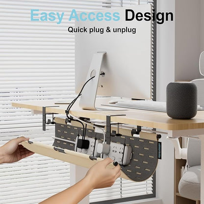 No Drill Under Desk Cable Management Tray, 30" Large Felt Cord Organizer with Pegboard-Style Design, Power Strip Holder, Privacy Panel for Standing Desk & Home Office, Clamp/Screw Mount (Khaki/Gray)