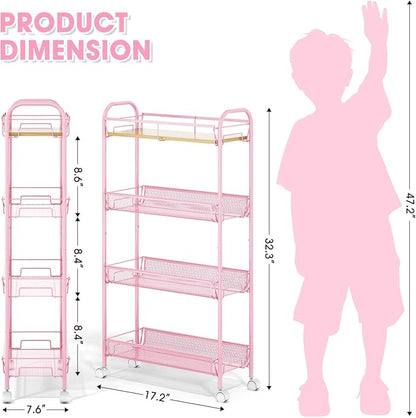 TOOLF 4-Tier Slim Rolling Cart, Metal Storage Cart with Wooden Tabletop and Mesh Baskets for Narrow Space on Kitchen Bathroom Laundry Room Bedroom Apartments Dormitory
