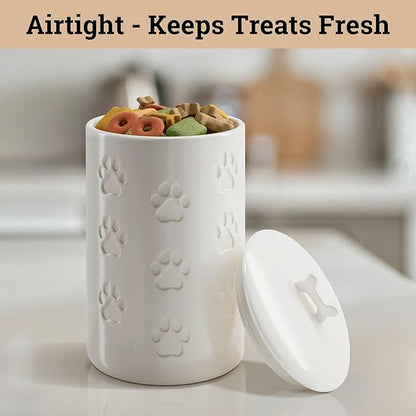 Dog Treat Container Airtight - 5 Inch Wide x 9 Inch Tall Ceramic Dog Treat Jar for Kitchen Counter with Airtight Lid - 7 Cup Capacity Pet Treat Container - Cute Doggie Cookie Jar - Big Treats Canister