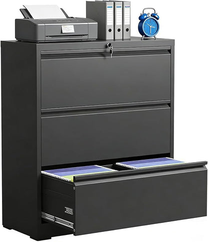 3 Drawer Lateral File Cabinet with Lock, Metal Lateral Filing Cabinet for Home Office, Steel Wide Horizontal Filing Cabinets for Letter/Legal/A4/F4 Hanging Files (Black)