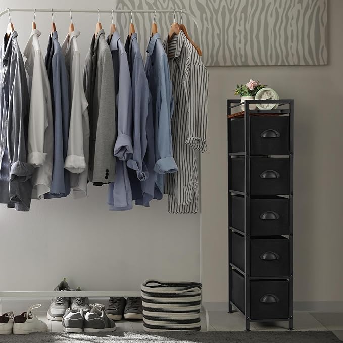 HAITRAL 5 Drawers Narrow Dresser, Fabric Drawer Storage Cabinet, Vertical Standing Storage Chest, Gaps Organizer with Removable Drawers and Wooden top for Laundry, Living Room, Entryway (Black)