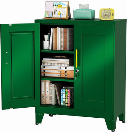 35.43" Metal Storage Cabinet with Lock, Metal File Cabinet with 2 Doors ＆ 2 Adjustable Shelves, Steel Locker Utility Tool Garage Cabinets for Home, Office, Warehouse (Green)