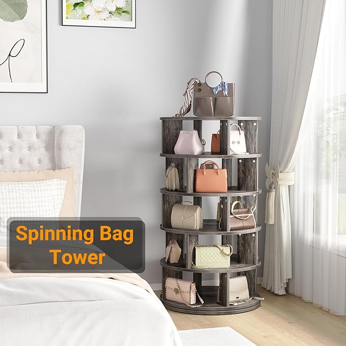 Aheaplus Rotating Shoe Rack, 5-Tier Wood Shoe Organizer for Closet, 360° Spinning Shoe Rack Tower Space-Saving Shoe Storage Shelf for Entryway, Garage, Bedroom, Grey Oak